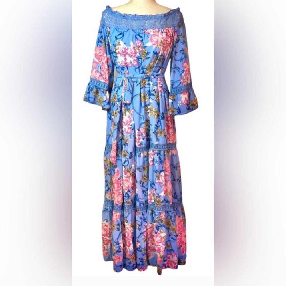 Anthropologie Champagne & Strawberry Floral Maxi Dress